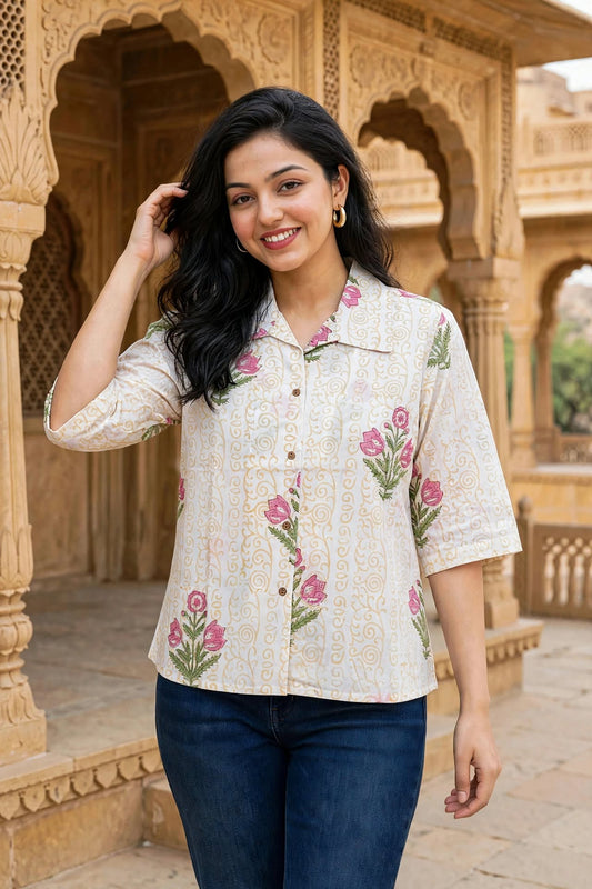 Women Yellow Elephant Printed Cotton Shirt - 3/4 Sleeves ATL8238