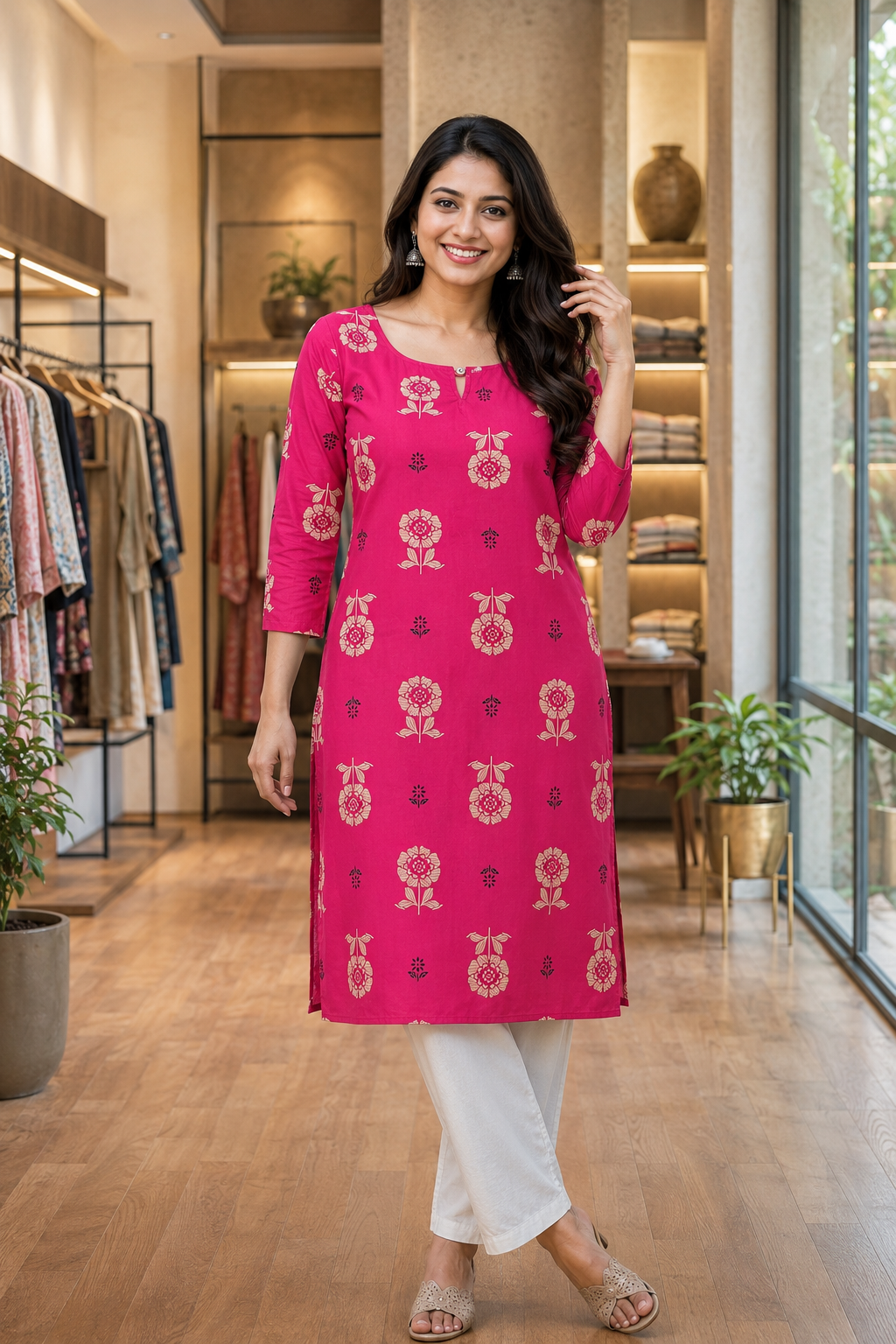 Women Pink Beige Floral Cotton Kurti - Front View