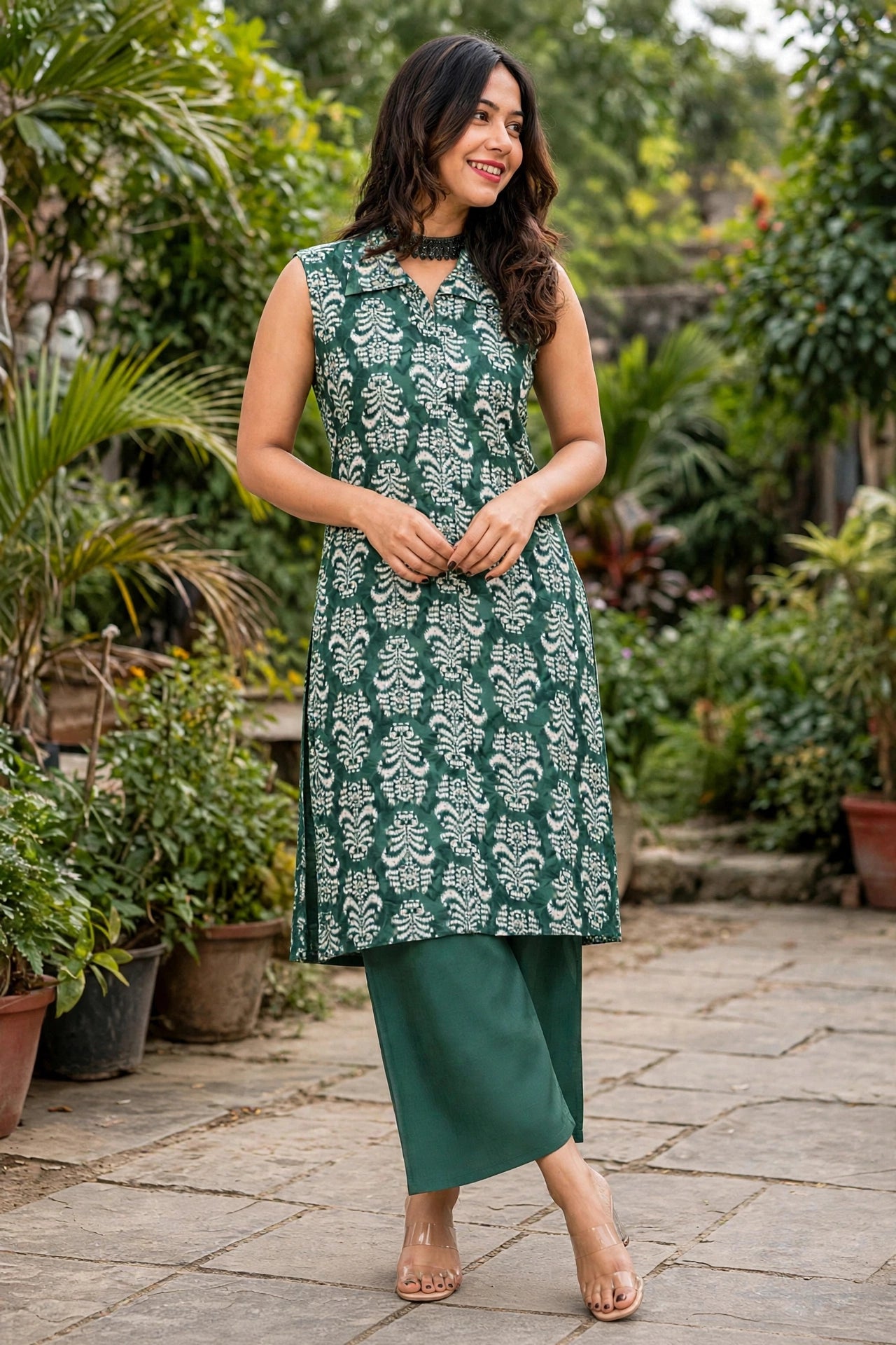 Women Pista Ikat Printed Sleeveless Kurta & Plazo Coord Set SHALINI-285