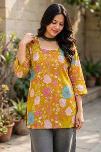 Women Mustard Floral Printed & Backlace Short Kurta Top 3561