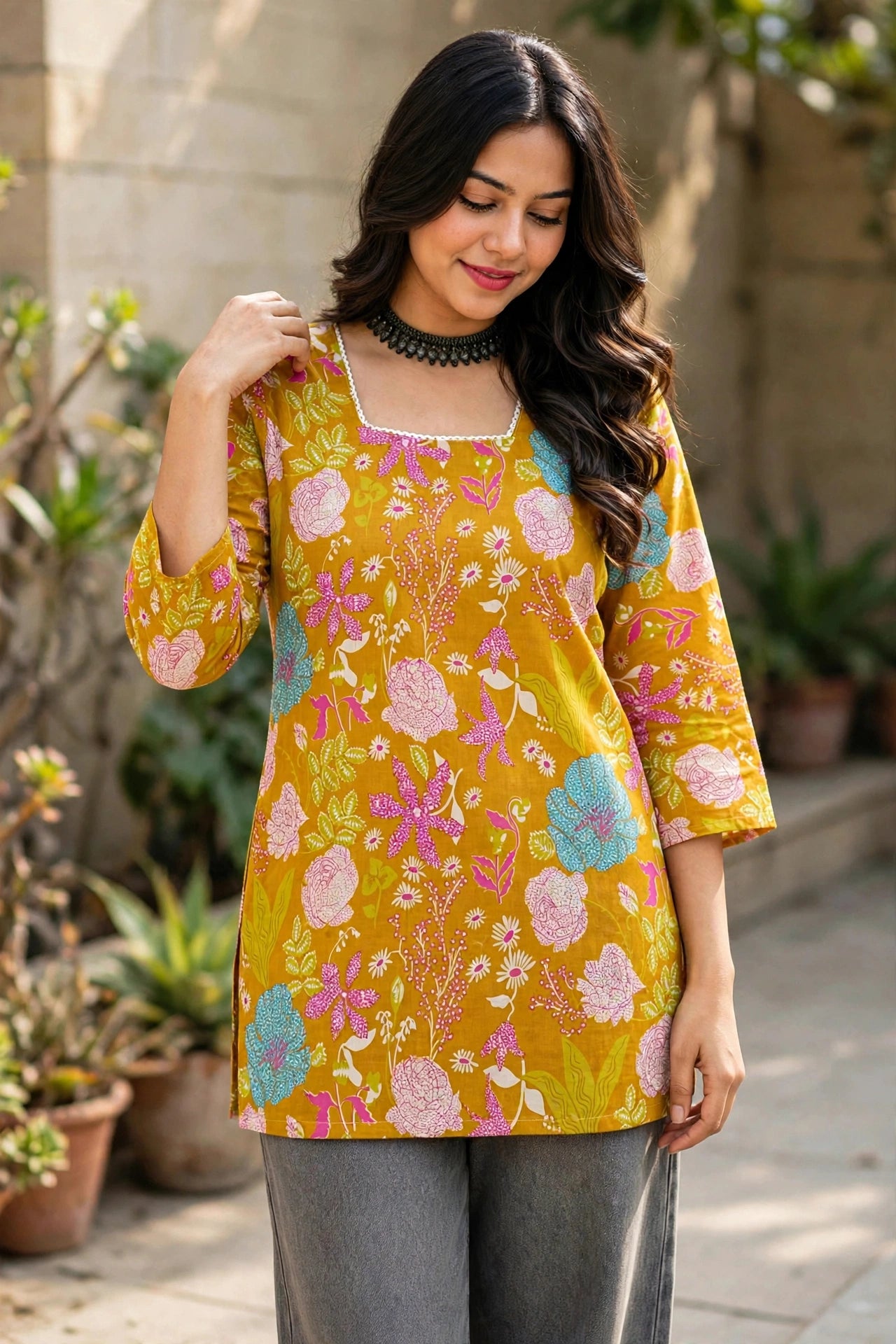 Women Mustard Floral Printed & Backlace Short Kurta Top 3561