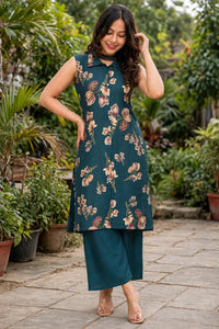 Women Teal Blue Floral Printed Co-ord Set | Sleeveless Kurta & Plazo SHALINI-268