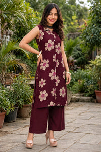 Women Wine Colour Floral Printed Sleeveless Kurta & Plazo Coord Set SHALINI-277