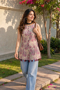 Women Pink Floral Printed Short Kurti - Sleeveless Top with Tassels ATL5252