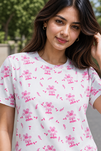 Women White and Pink Cherry Blossom Print T-Shirt Short Sleeves M-7266-23
