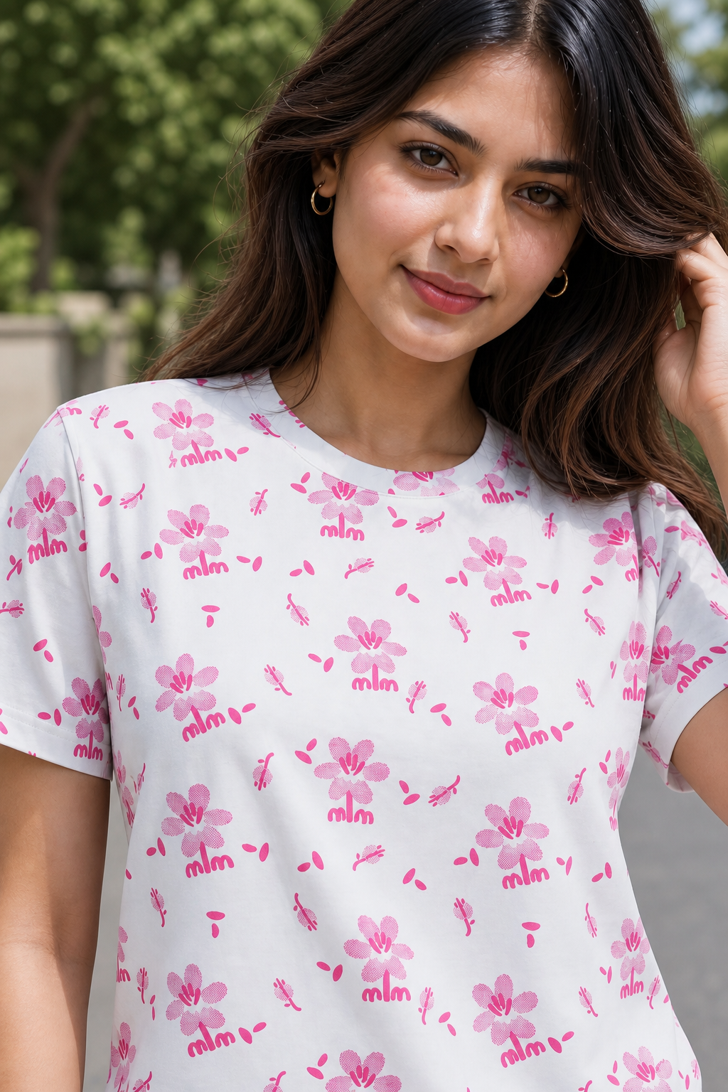 Women White and Pink Cherry Blossom Print T-Shirt Short Sleeves M-7266-23