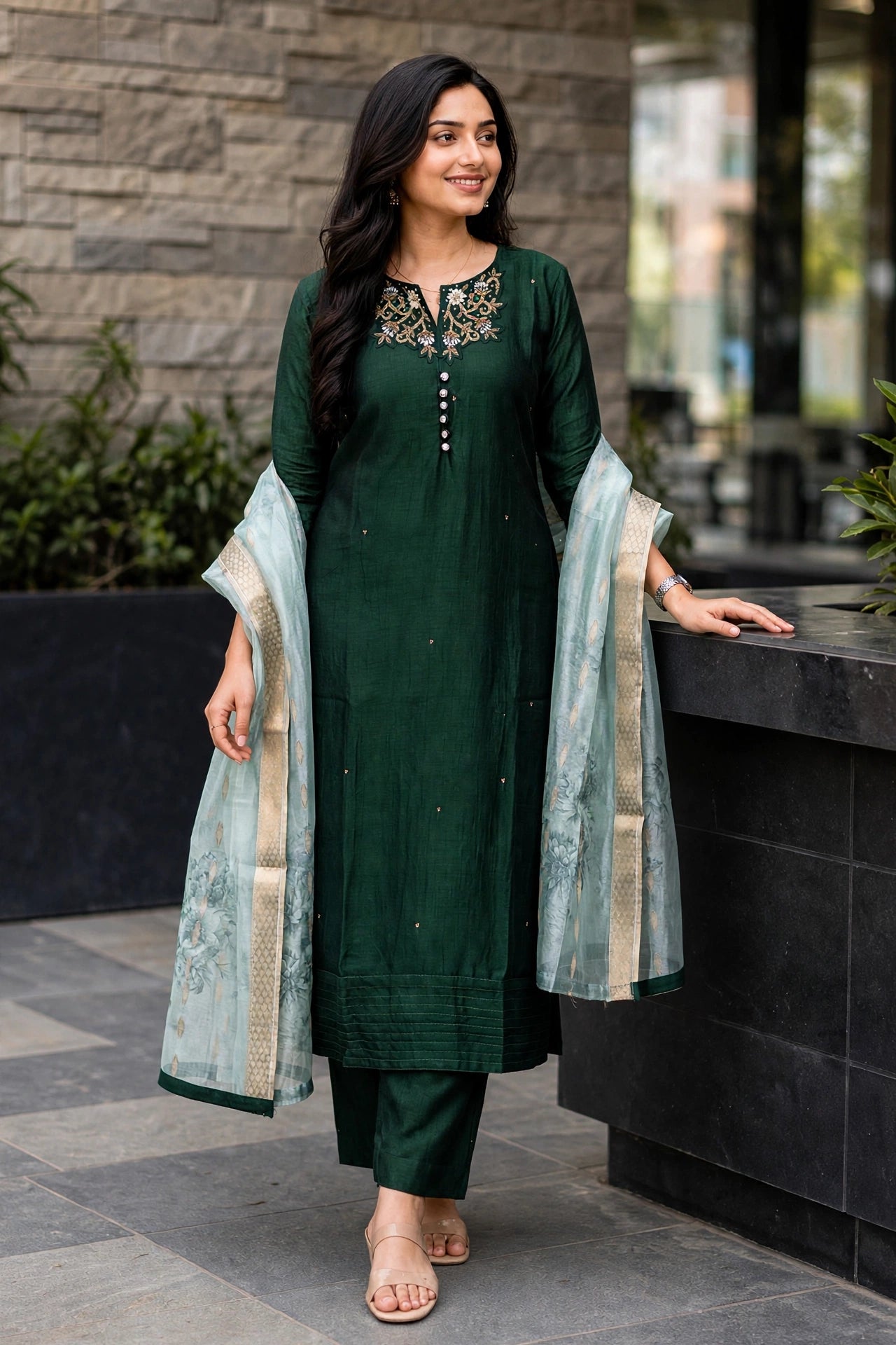 Women Bottle Green Zari Embroidered Kurti Pant Set with Dupatta 151-314
