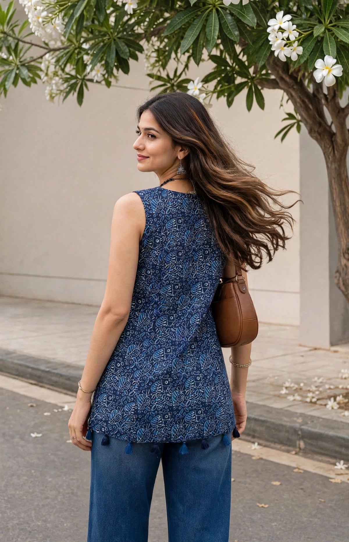 Women Blue Floral Printed Short Kurti - Sleeveless Top with Tassels ATL5252