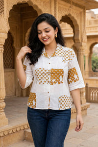 Women Mustard Elephant Printed Cotton Shirt - 3/4 Sleeves ATL8238