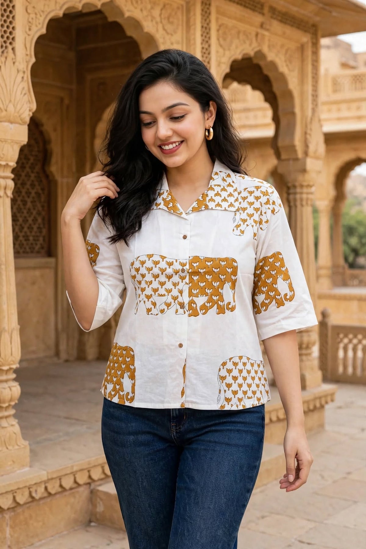 Women Mustard Elephant Printed Cotton Shirt - 3/4 Sleeves ATL8238