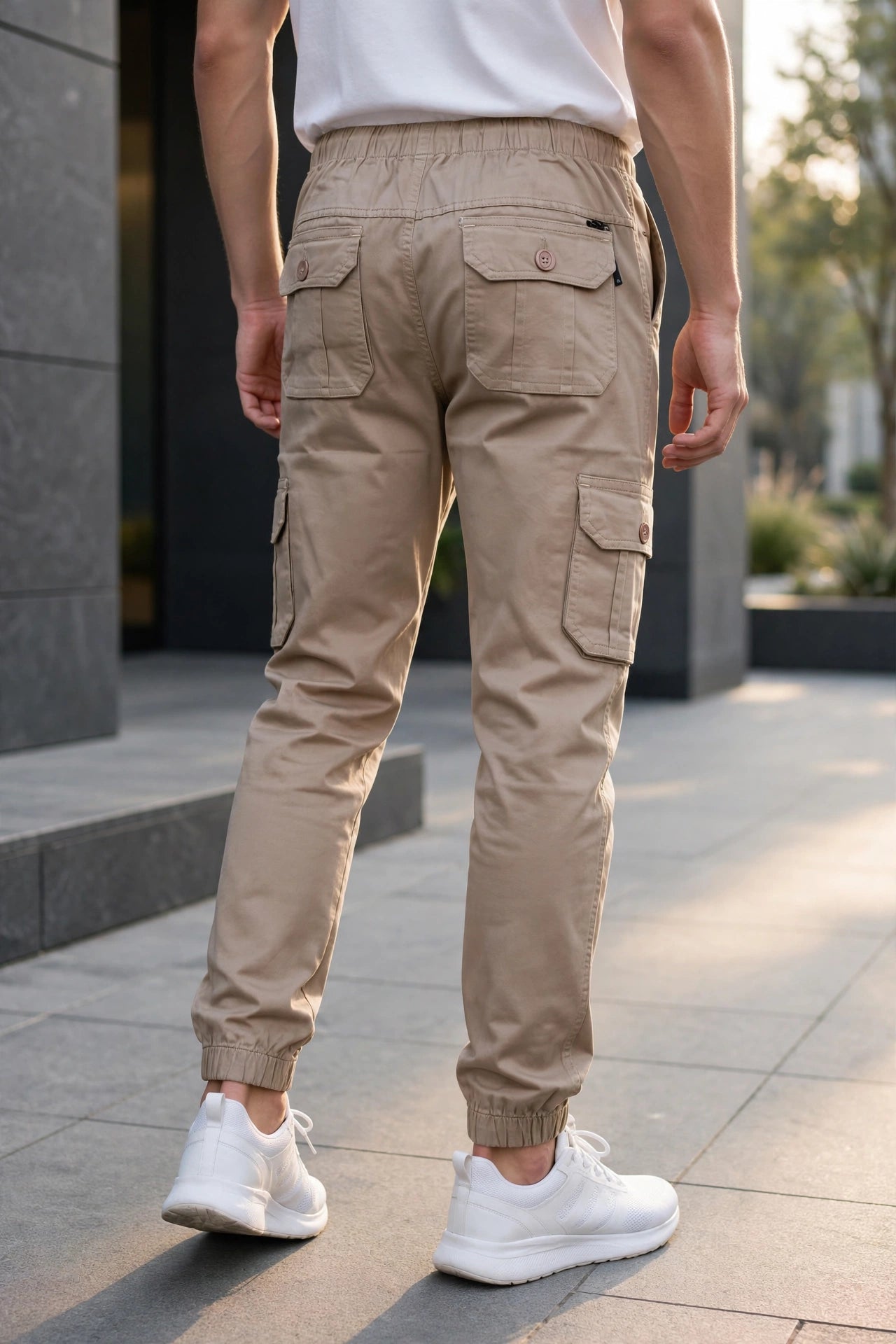 Men Beige Cargo Jogger Pants - 6 Pocket Slim Fit P-402