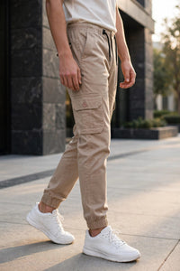 Men Beige Cargo Jogger Pants - 6 Pocket Slim Fit P-402