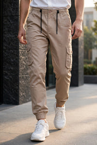 Men Beige Cargo Jogger Pants - 6 Pocket Slim Fit P-402