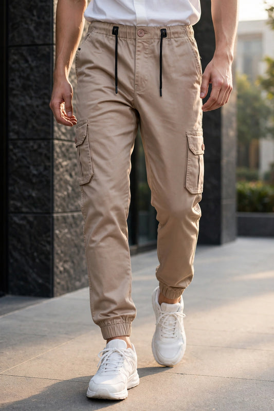 Men Beige Cargo Jogger Pants - 6 Pocket Slim Fit P-402