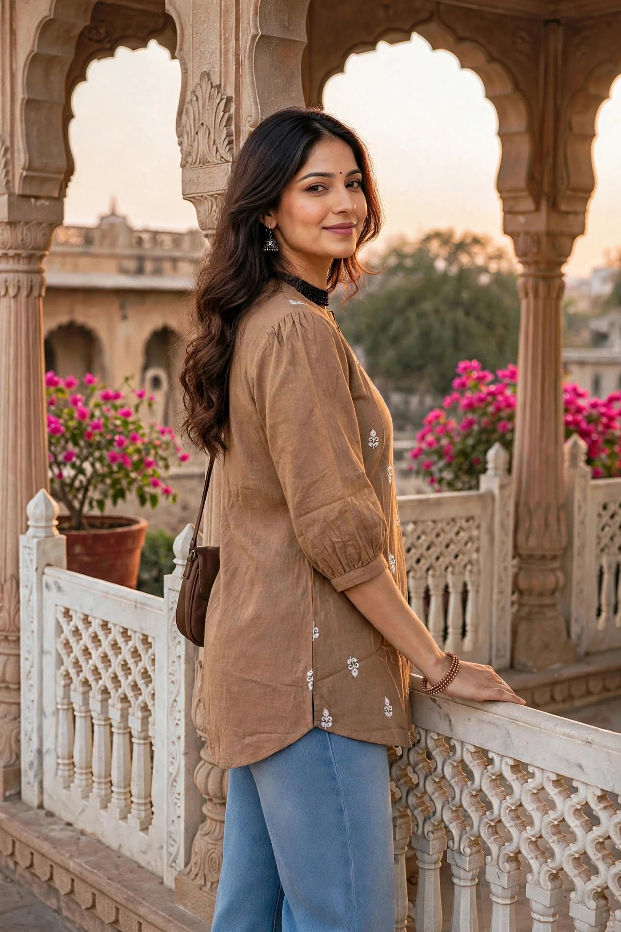 Women Fawn White Embroidered Short Kurti - 3/4 Sleeves ATL9280