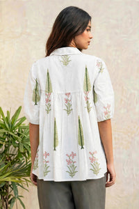 Women Pink Floral Printed Cotton Short Kurti - Collar Neck - Puff Sleeves with Tassel Dori ATL2300