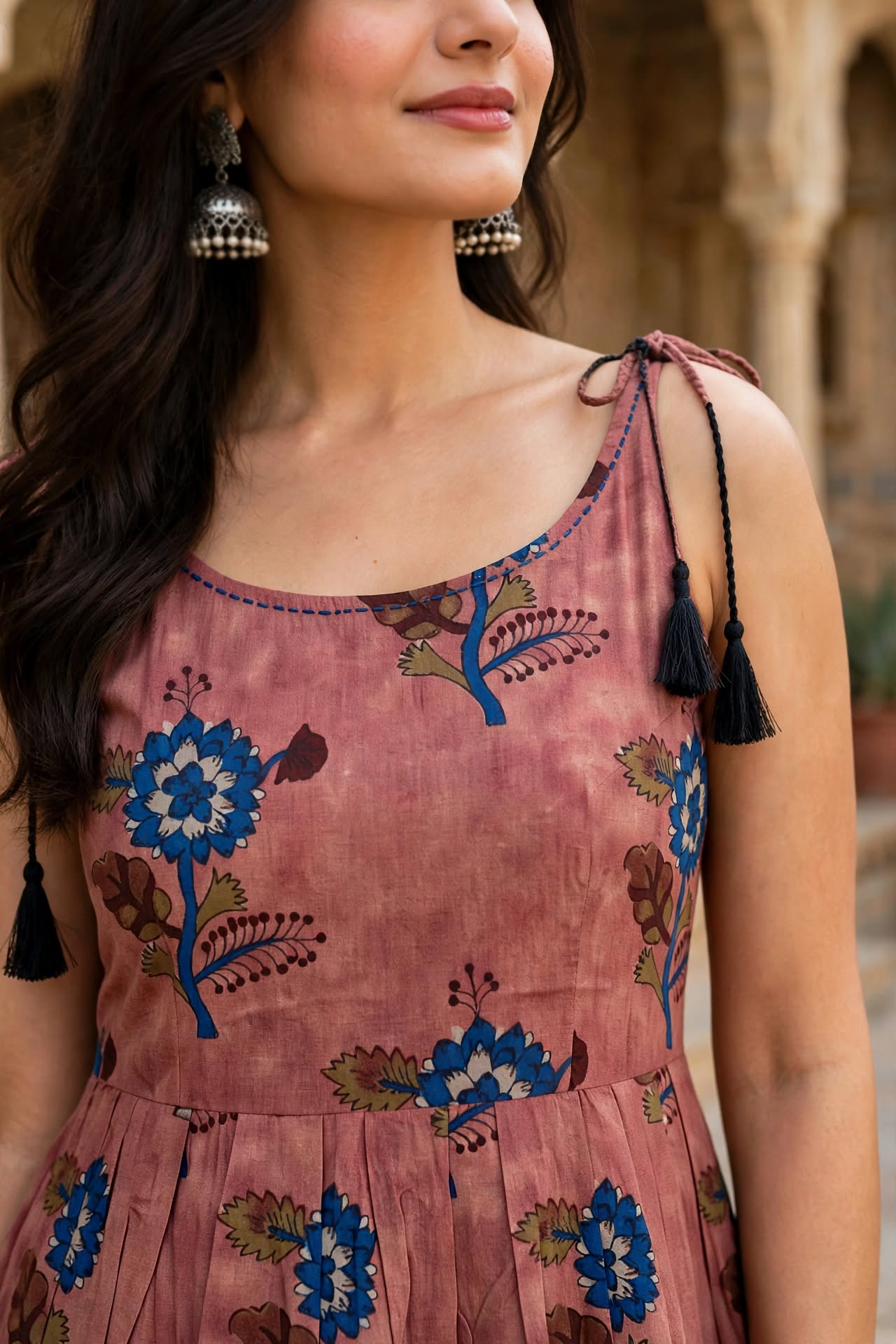 Women Rust Floral Printed Short Kurti - Sleeveless Peplum Top with Tassels ATL7194