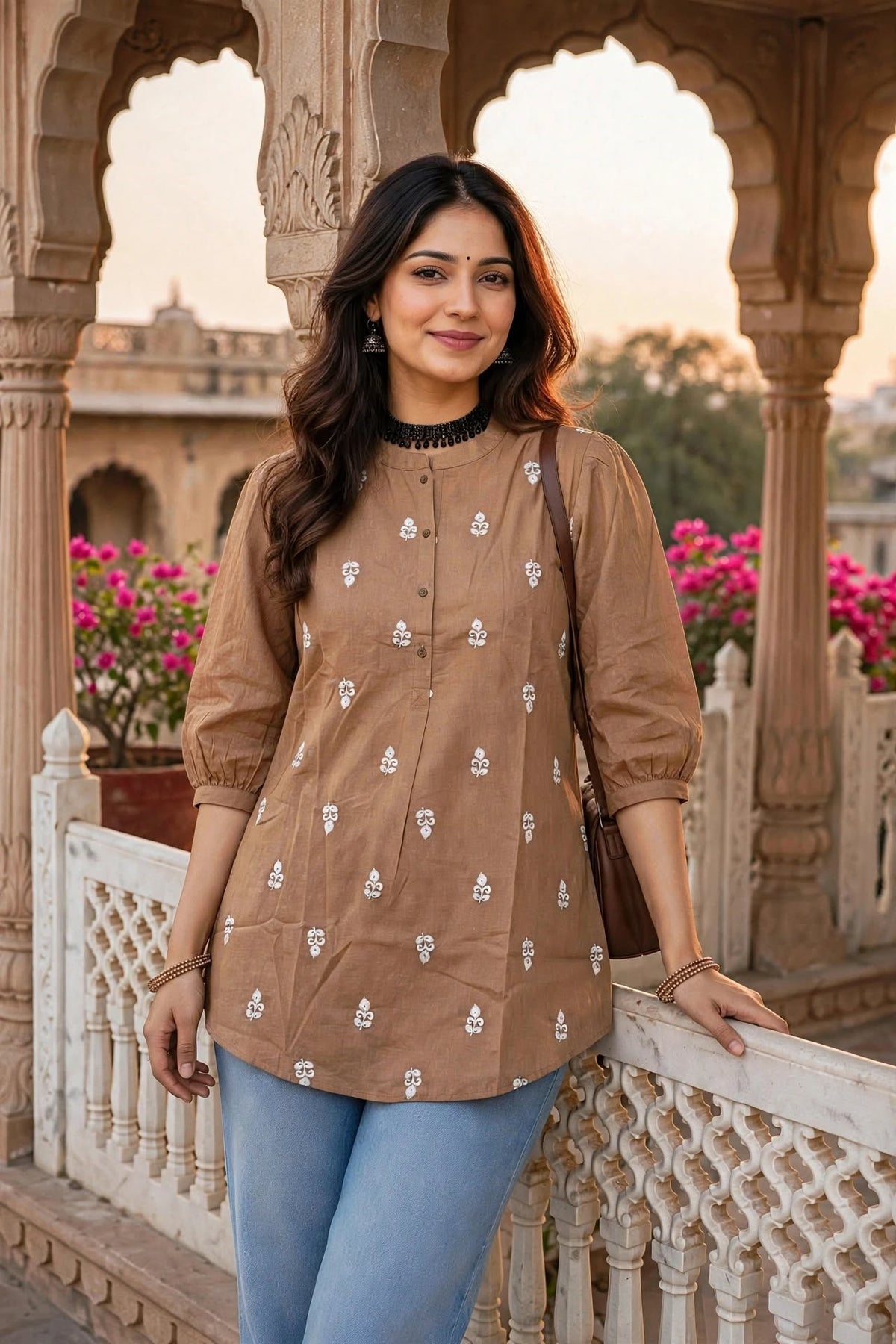 Women Fawn White Embroidered Short Kurti - 3/4 Sleeves ATL9280