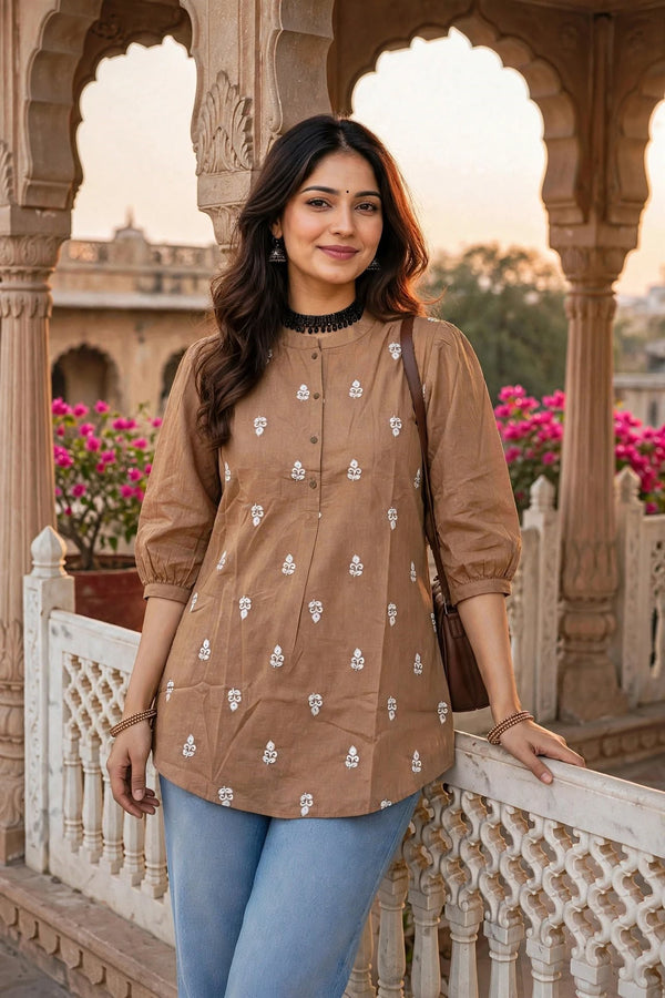 Women Fawn White Embroidered Short Kurti - 3/4 Sleeves ATL9280