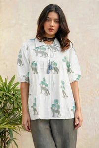 Women Pista Floral Printed Cotton Short Kurti - Collar Neck - Puff Sleeves with Tassel Dori ATL2300