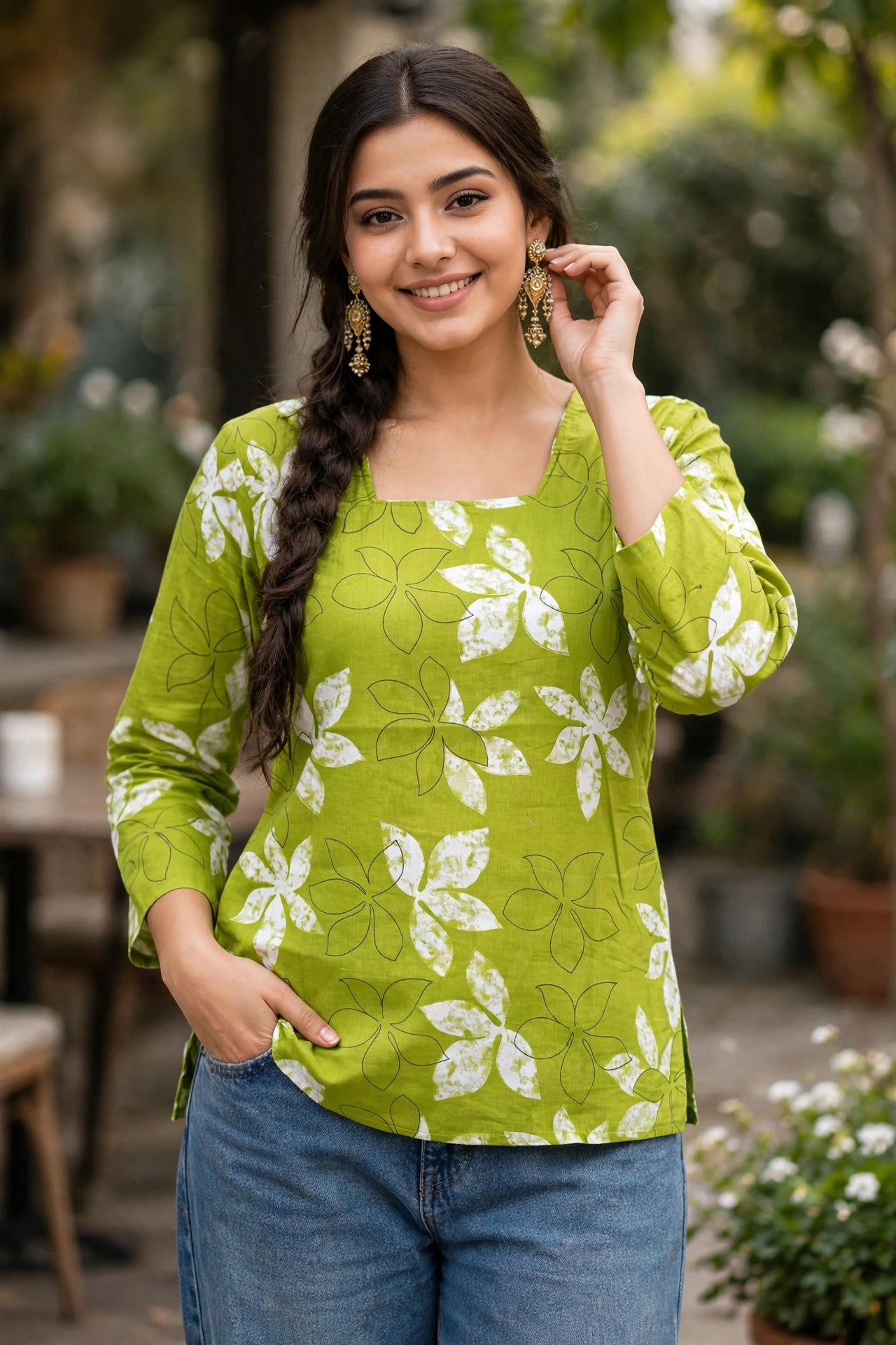 Women Lime Green Floral Leaf Print Back Lace Short Kurti 3561