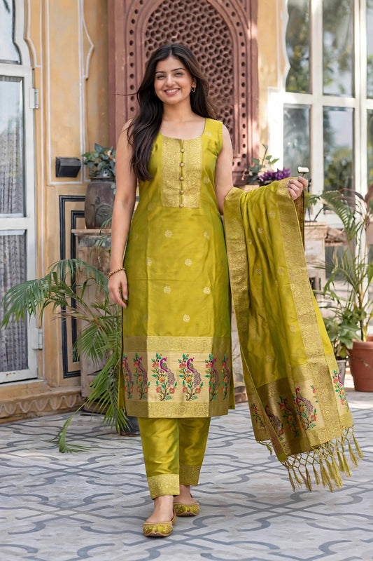 Women Green Banarasi Silk Sleeveless Paithani Suit - Side View
