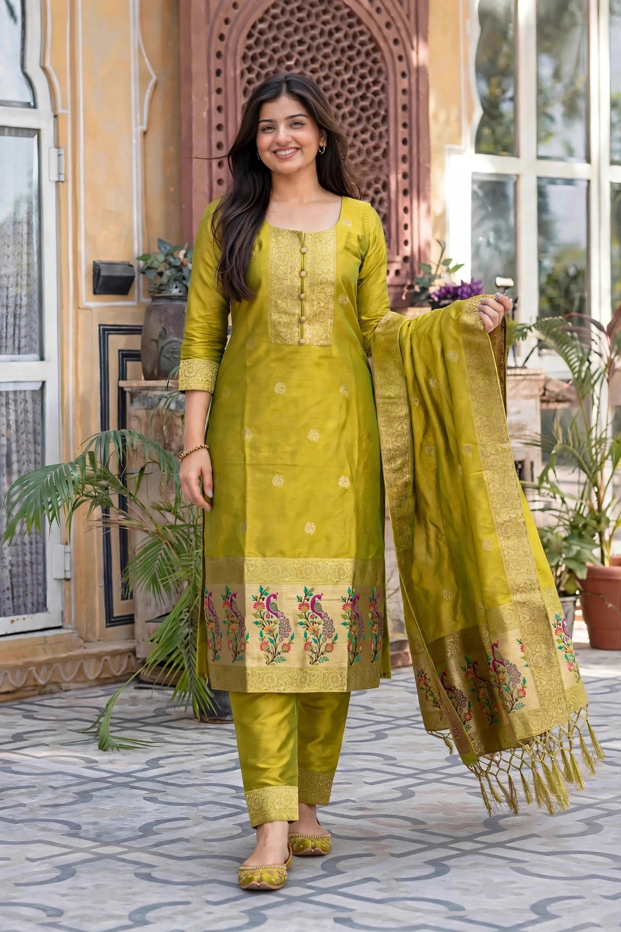 Women Green Banarasi Silk Sleeveless Paithani Suit | Peacock Zari Work Straight Kurta Pant Dupatta Set ATL1001