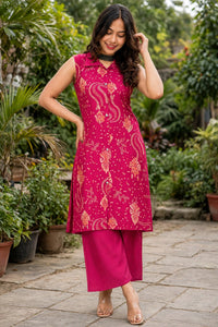 Women Pink Bandhani Printed Sleeveless Kurta & Plazo Coord Set SHALINI-269
