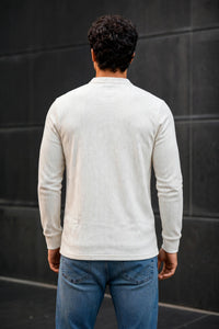 Men White Textured Ribbed Henley T-Shirt | Long Sleeve Mandarin Collar ATL6503