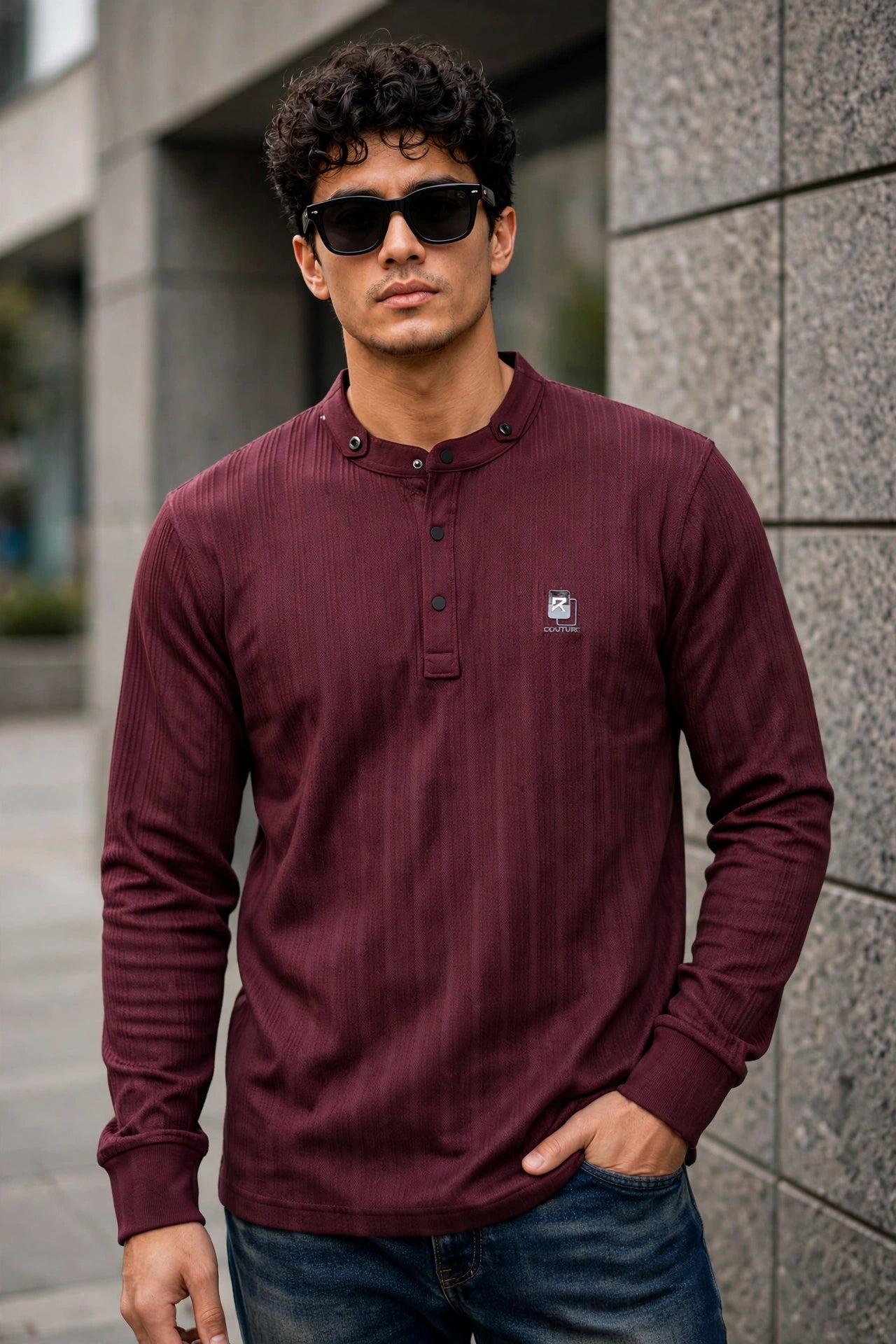 Men Wine Textured Ribbed Henley T-Shirt | Long Sleeve Mandarin Collar ATL6503