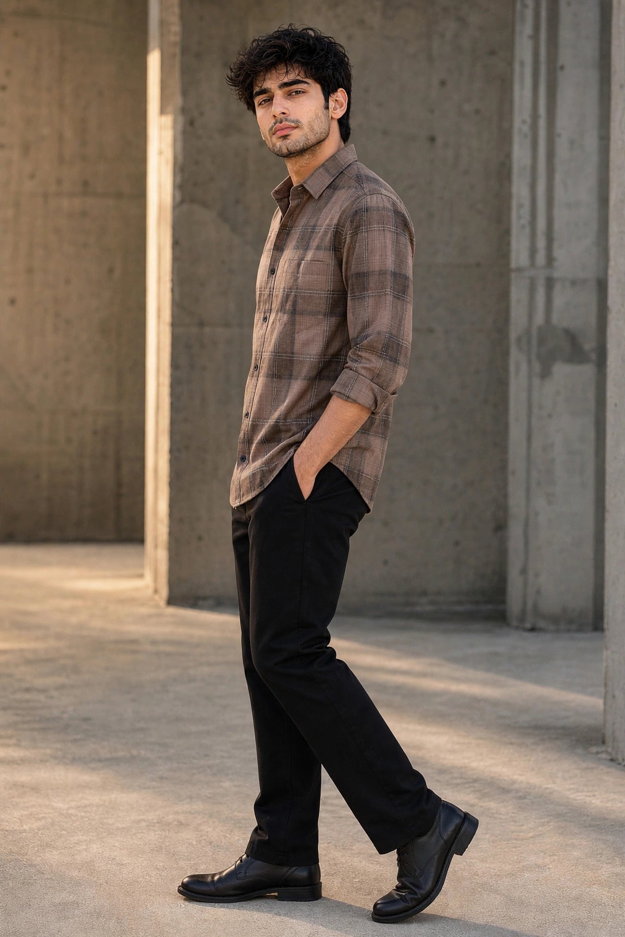Men Brown Plaid Flannel Button-Up Shirt – Long Sleeve KEV-597-24