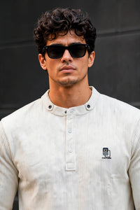 Men White Textured Ribbed Henley T-Shirt | Long Sleeve Mandarin Collar ATL6503