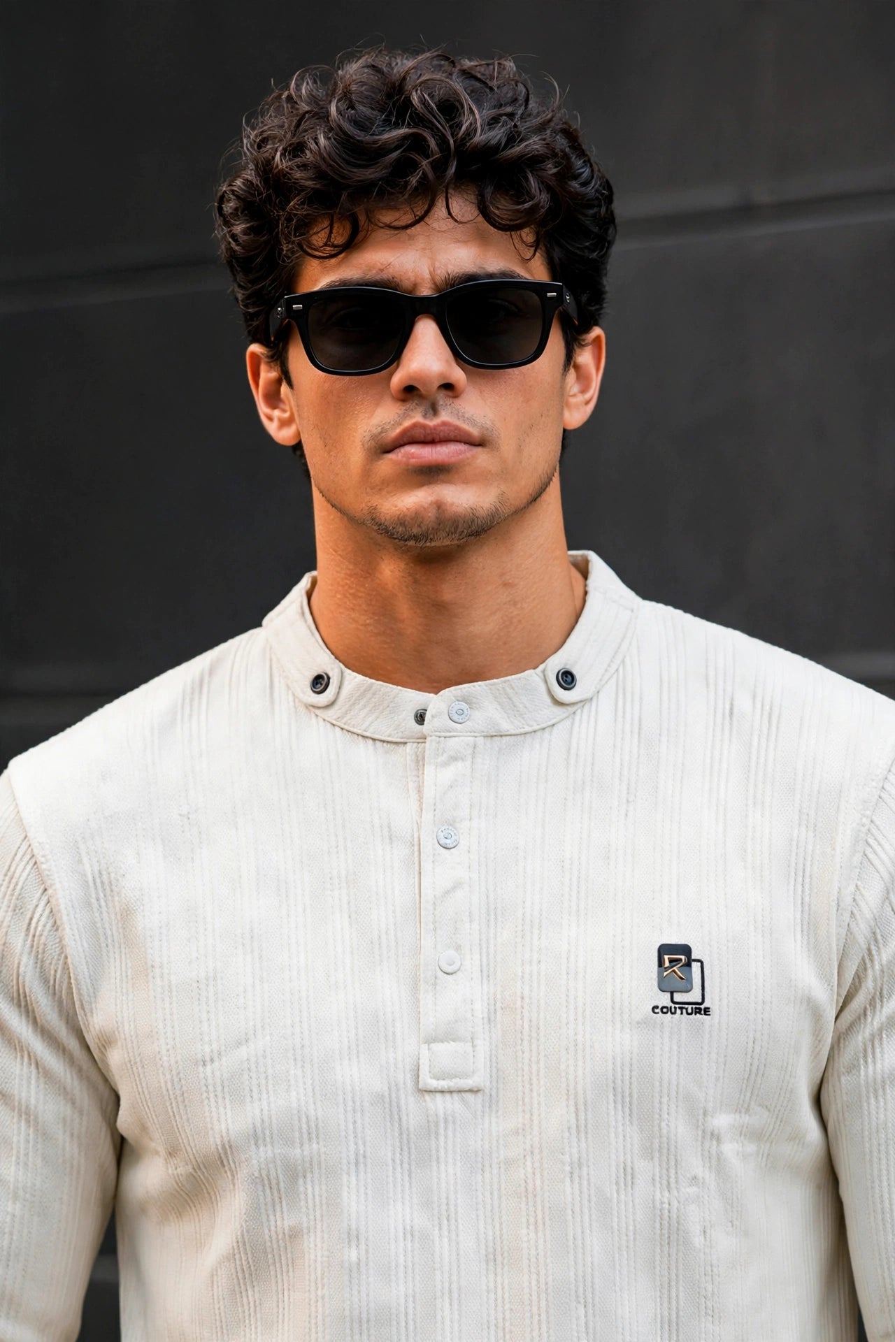 Men White Textured Ribbed Henley T-Shirt | Long Sleeve Mandarin Collar ATL6503