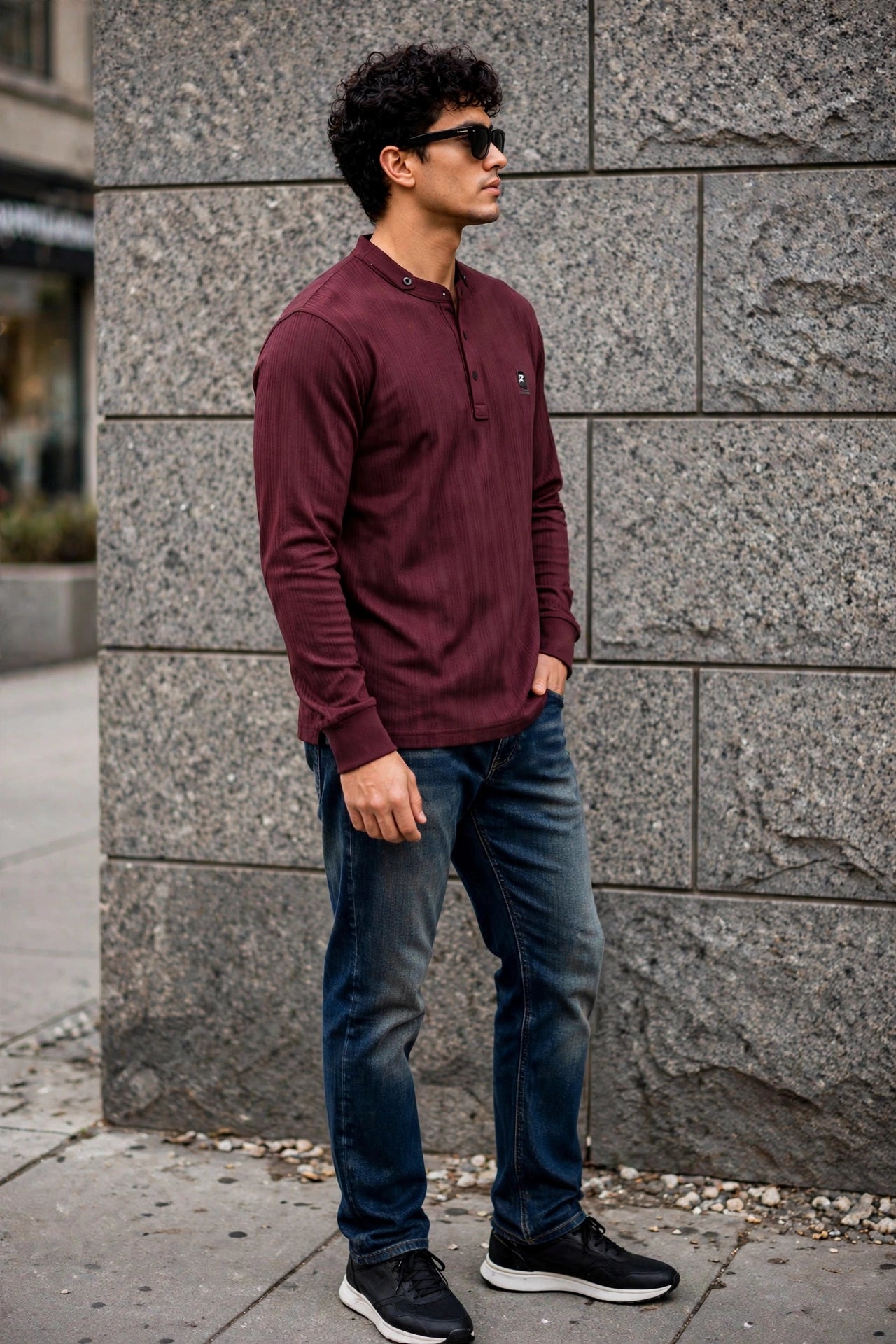Men Wine Textured Ribbed Henley T-Shirt | Long Sleeve Mandarin Collar ATL6503