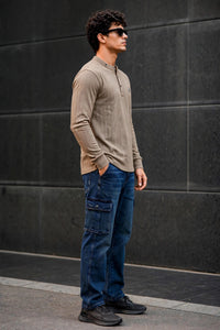 Men Brown Textured Ribbed Henley T-Shirt | Long Sleeve Mandarin Collar ATL6503