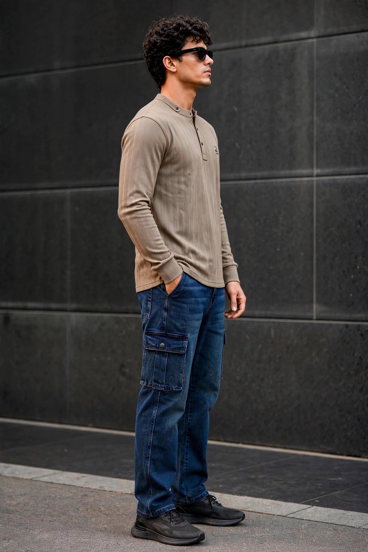 Men Brown Textured Ribbed Henley T-Shirt | Long Sleeve Mandarin Collar ATL6503