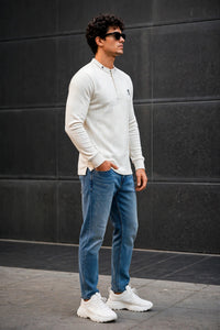 Men White Textured Ribbed Henley T-Shirt | Long Sleeve Mandarin Collar ATL6503
