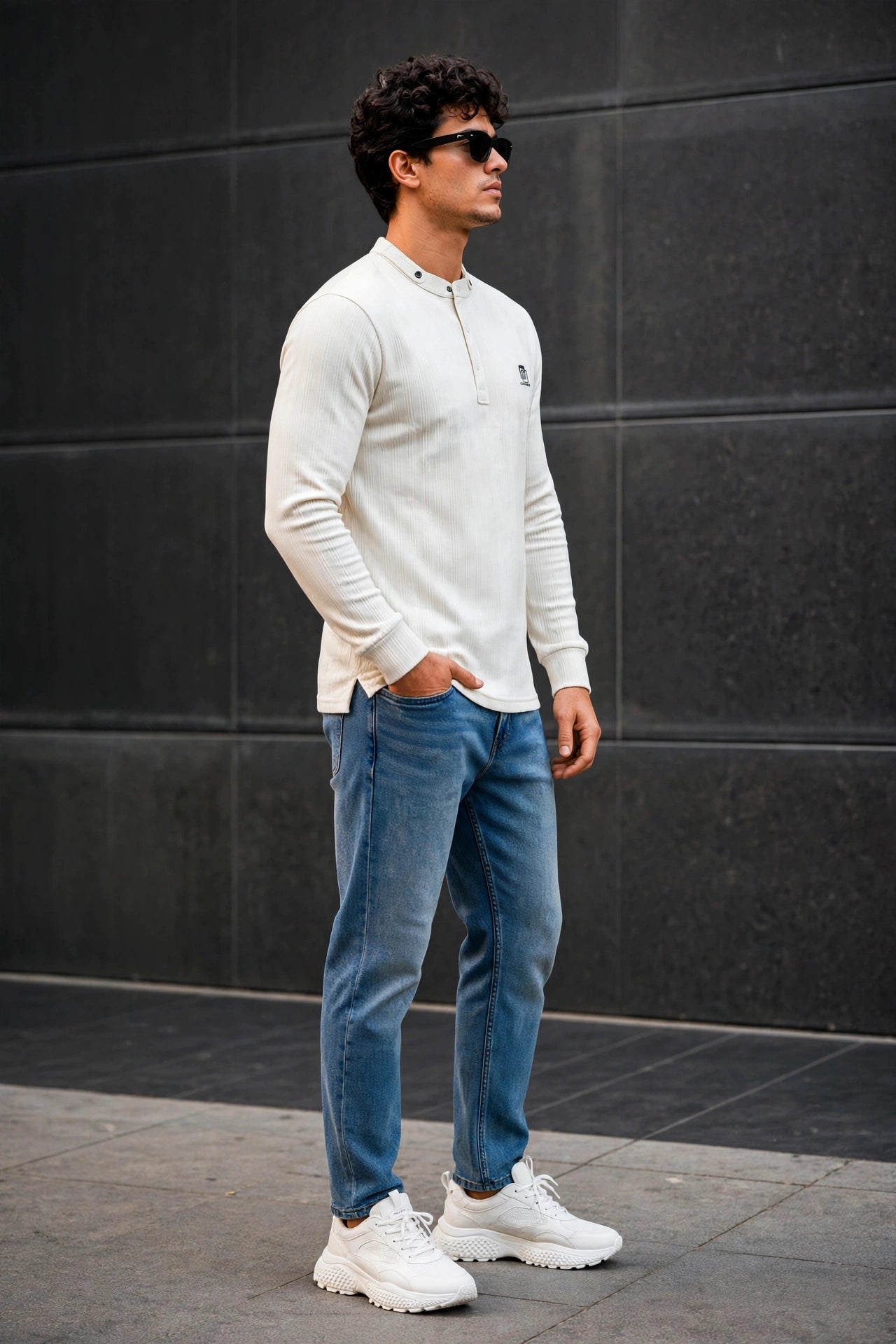 Men White Textured Ribbed Henley T-Shirt | Long Sleeve Mandarin Collar ATL6503