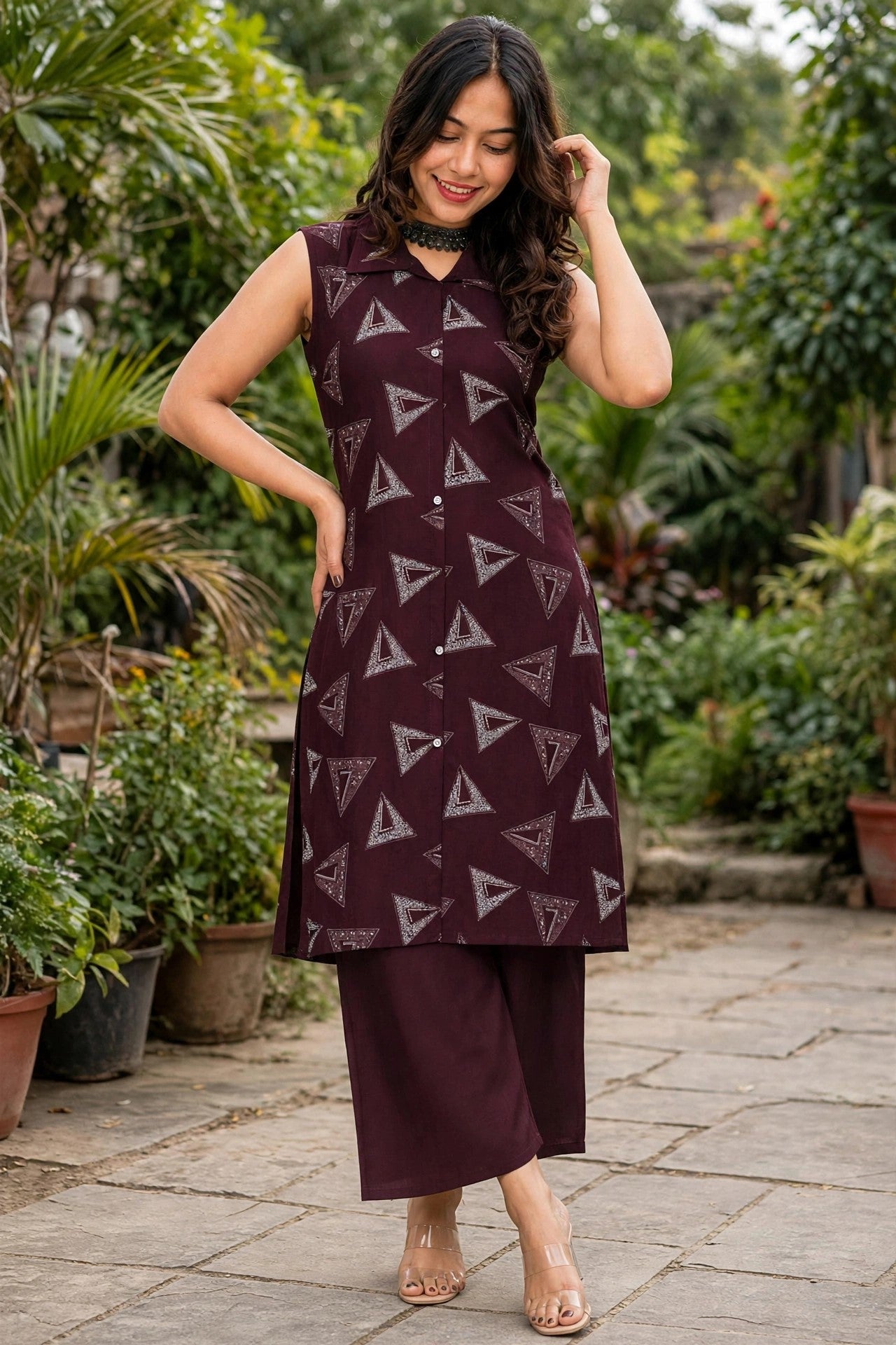 Women Wine Geometric Triangle Printed Sleeveless Kurta & Plazo Coord Set SHALINI-279
