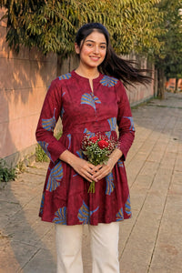 Women Maroon Floral Cotton Short Frock Kurti - 3/4 Sleeves ATL5255