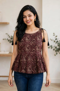 Women Coffee Floral Printed Short Kurti - Sleeveless Peplum Top with Tassels ATL7194