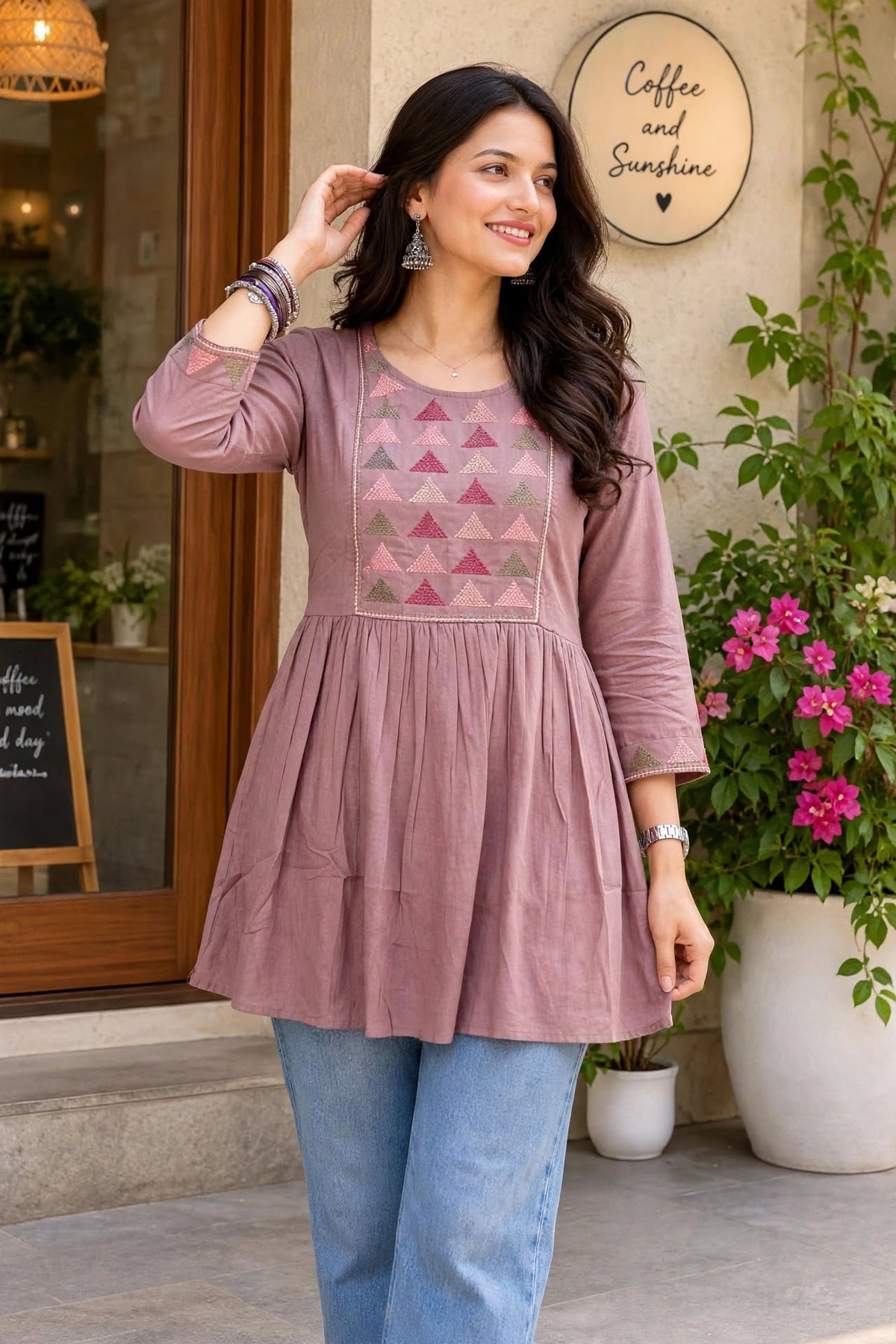 Women Onion Short Kurti - Embroidered Yoke - 3/4 Sleeve ATL5271