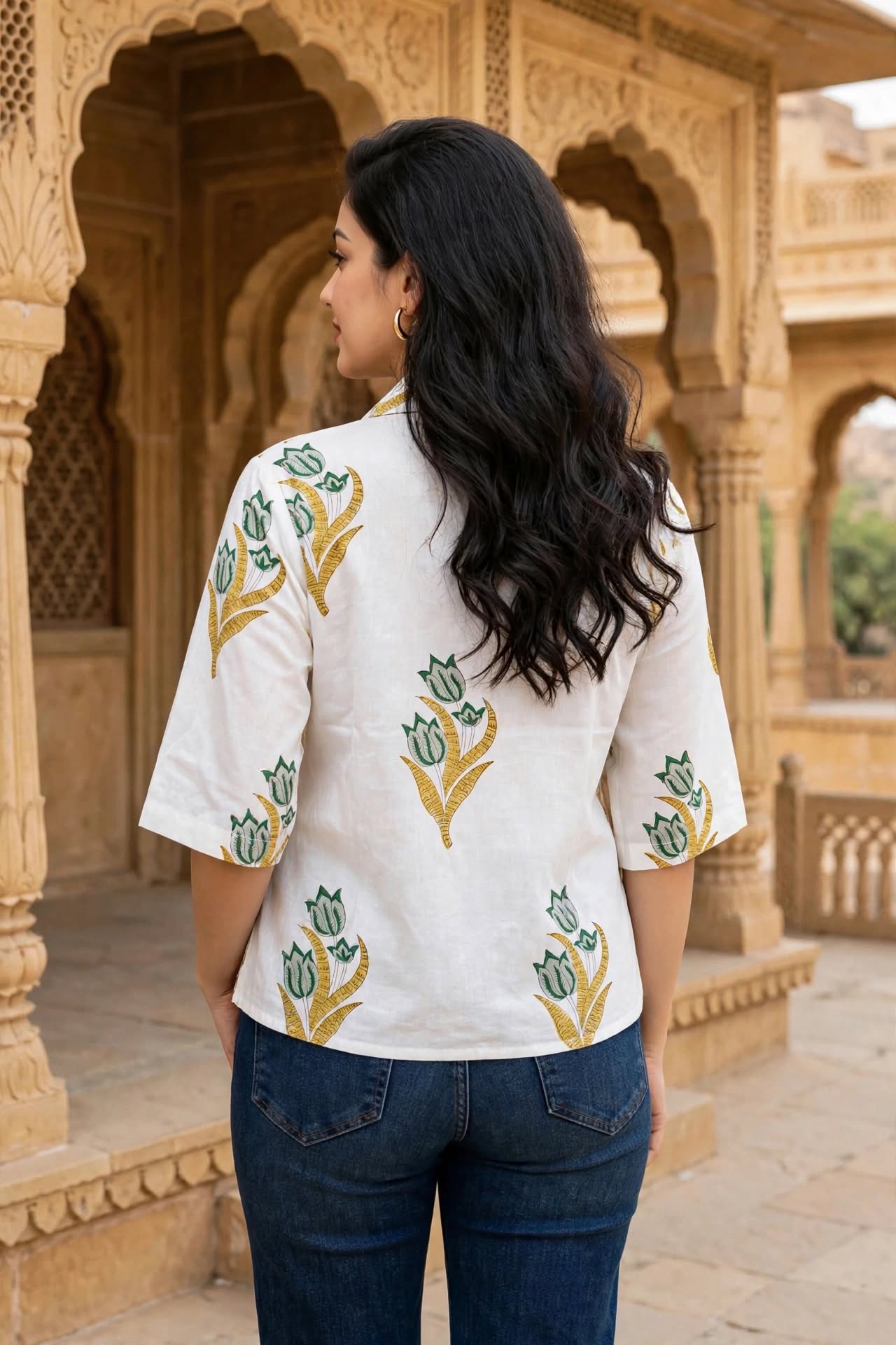 Women White Floral Printed Cotton Shirt - 3/4 Sleeves ATL8238