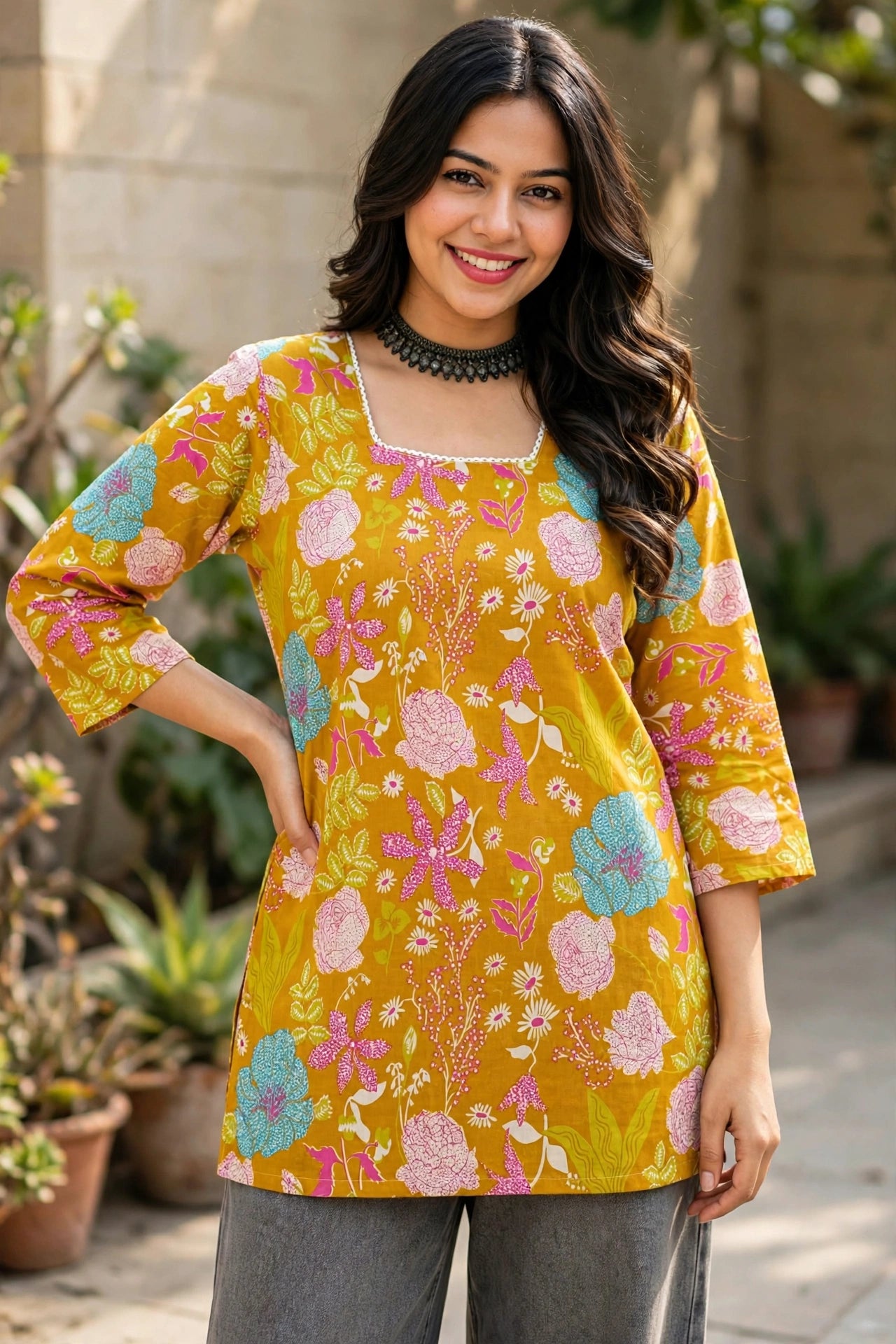 Women Mustard Floral Printed & Backlace Short Kurta Top 3561