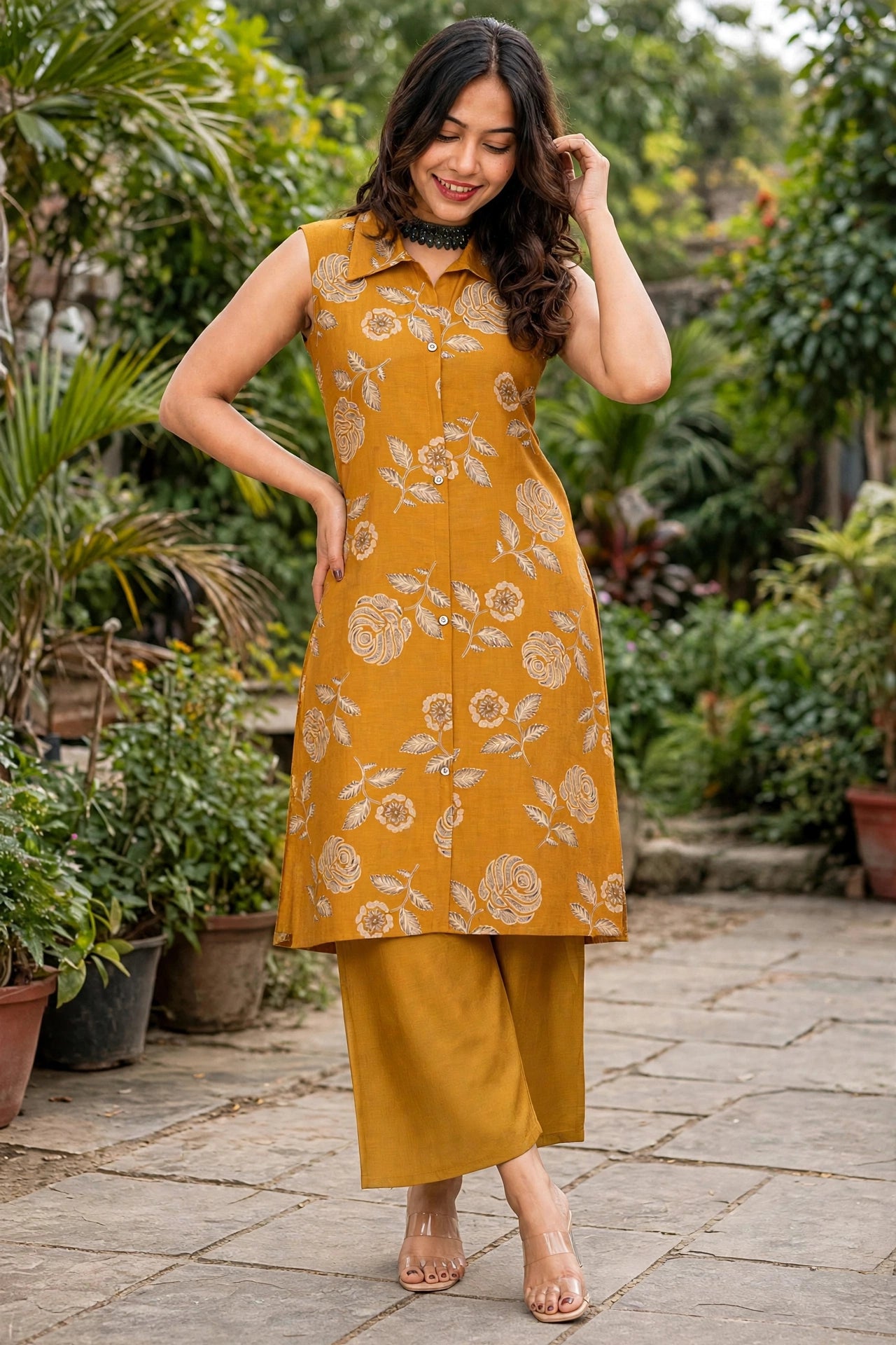 Women Haldi Yellow Rose Printed Sleeveless Kurta & Plazo Coord Set SHALINI-275
