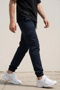 Men Navy Blue Cargo Jogger Pants - 6 Pocket Slim Fit P-402