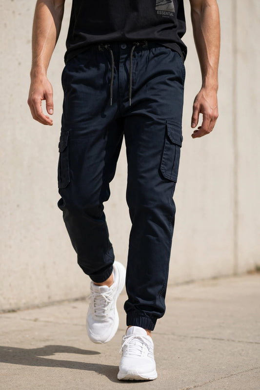 Men Navy Blue Cargo Jogger Pants - 6 Pocket Slim Fit P-402