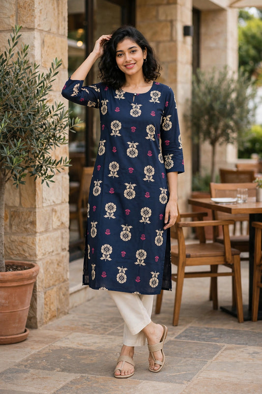 Women Navy Blue Beige Floral Cotton Kurti - Front View