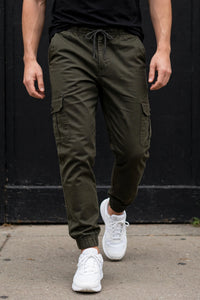 Men Olive Cargo Jogger Pants - Front View
