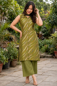 Women Green Leheriya Printed Sleeveless Kurta & Plazo Coord Set SHALINI-278